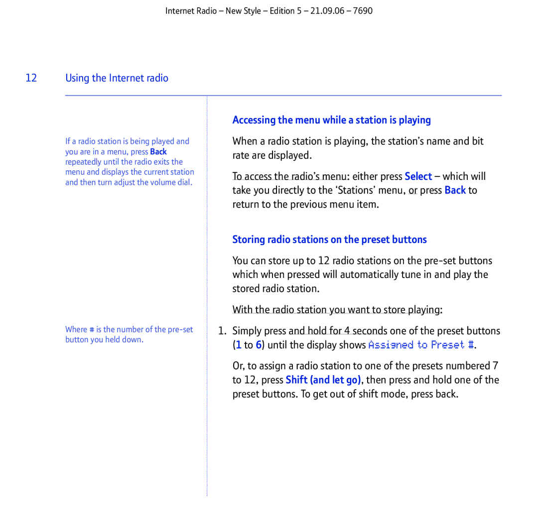 BT Internet Radio manual Accessing the menu while a station is playing, Storing radio stations on the preset buttons 