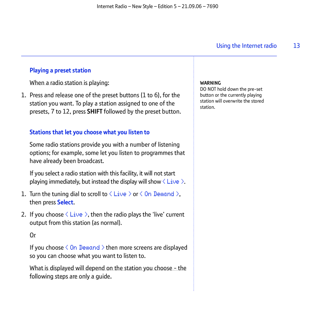 BT Internet Radio manual Playing a preset station, Stations that let you choose what you listen to 