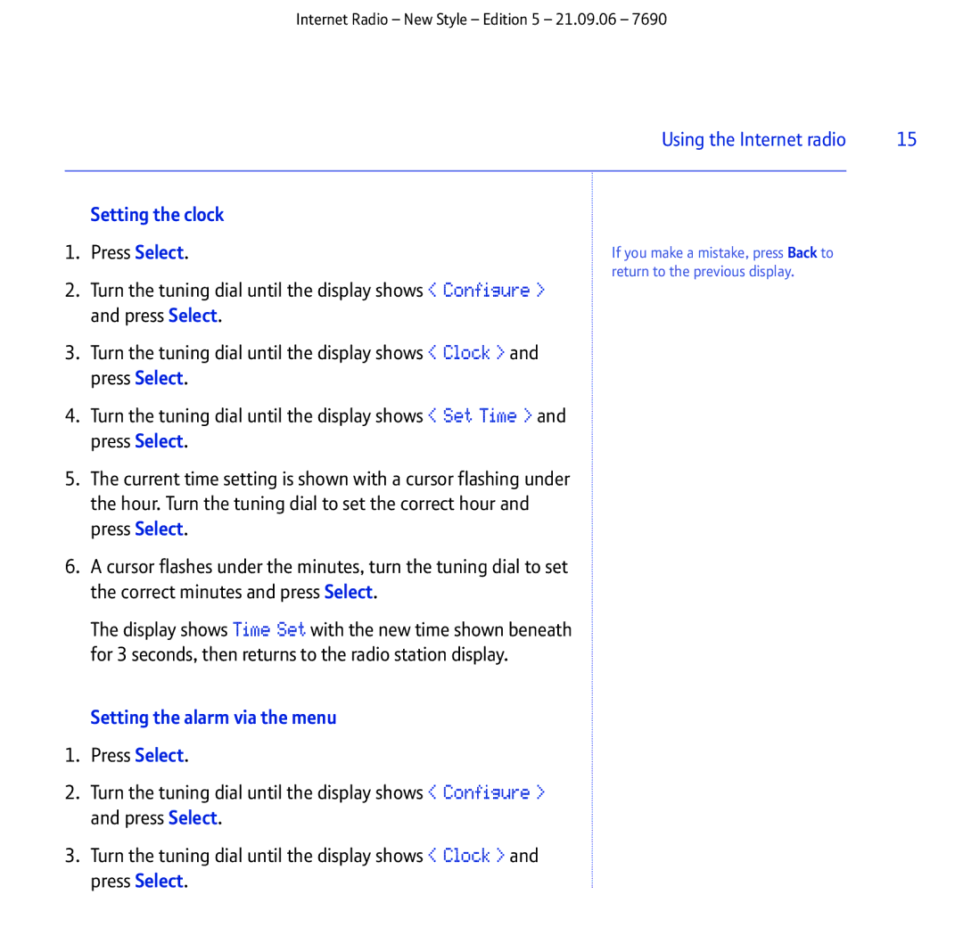 BT Internet Radio manual Setting the clock, Setting the alarm via the menu 