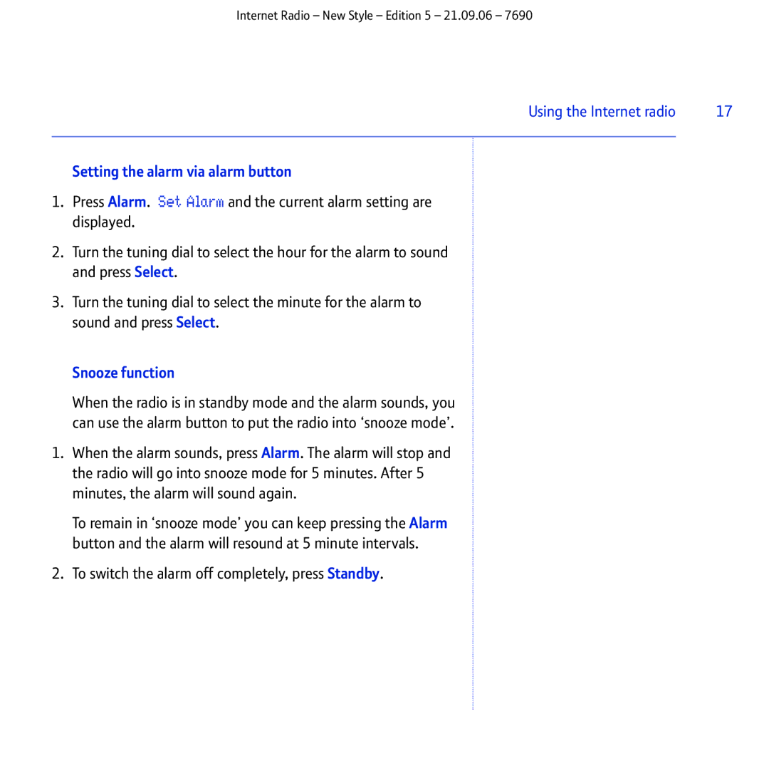 BT Internet Radio manual Setting the alarm via alarm button, Snooze function 