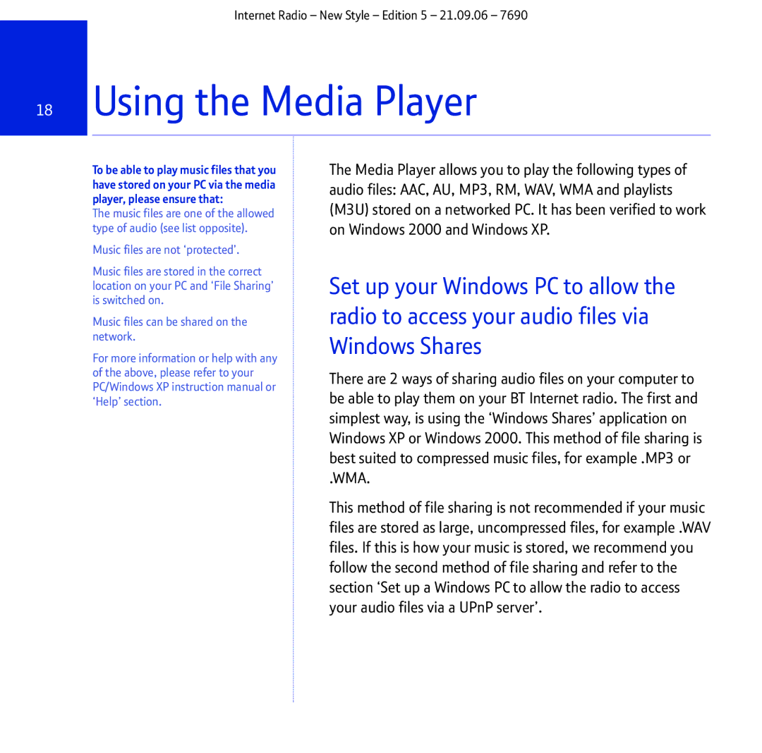 BT Internet Radio manual Using the Media Player, Wma 