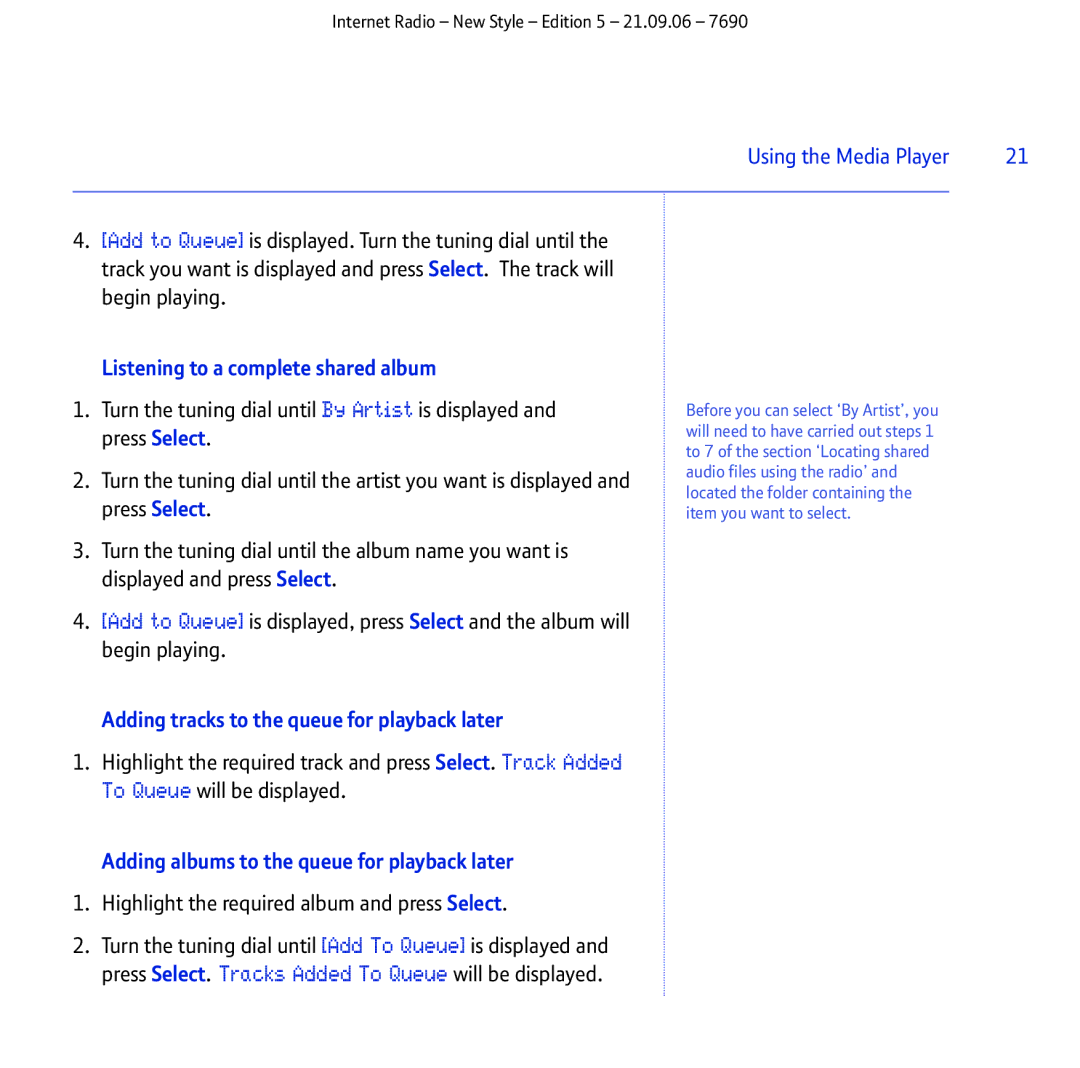 BT Internet Radio manual Listening to a complete shared album, Adding tracks to the queue for playback later 