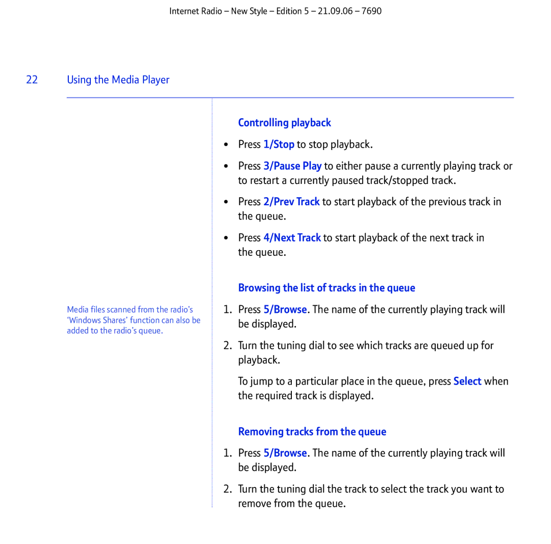 BT Internet Radio manual Controlling playback, Browsing the list of tracks in the queue, Removing tracks from the queue 