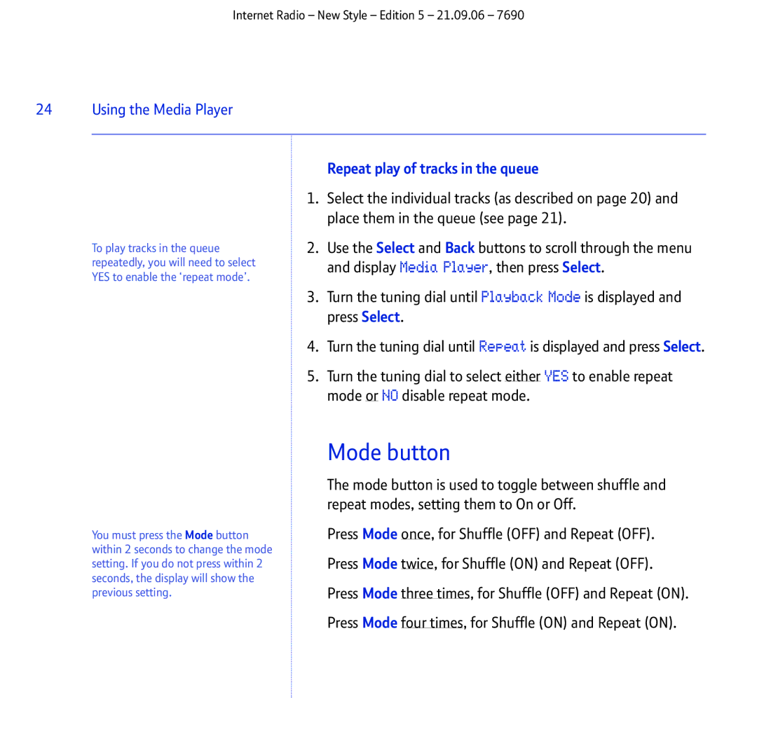 BT Internet Radio manual Mode button, Repeat play of tracks in the queue 