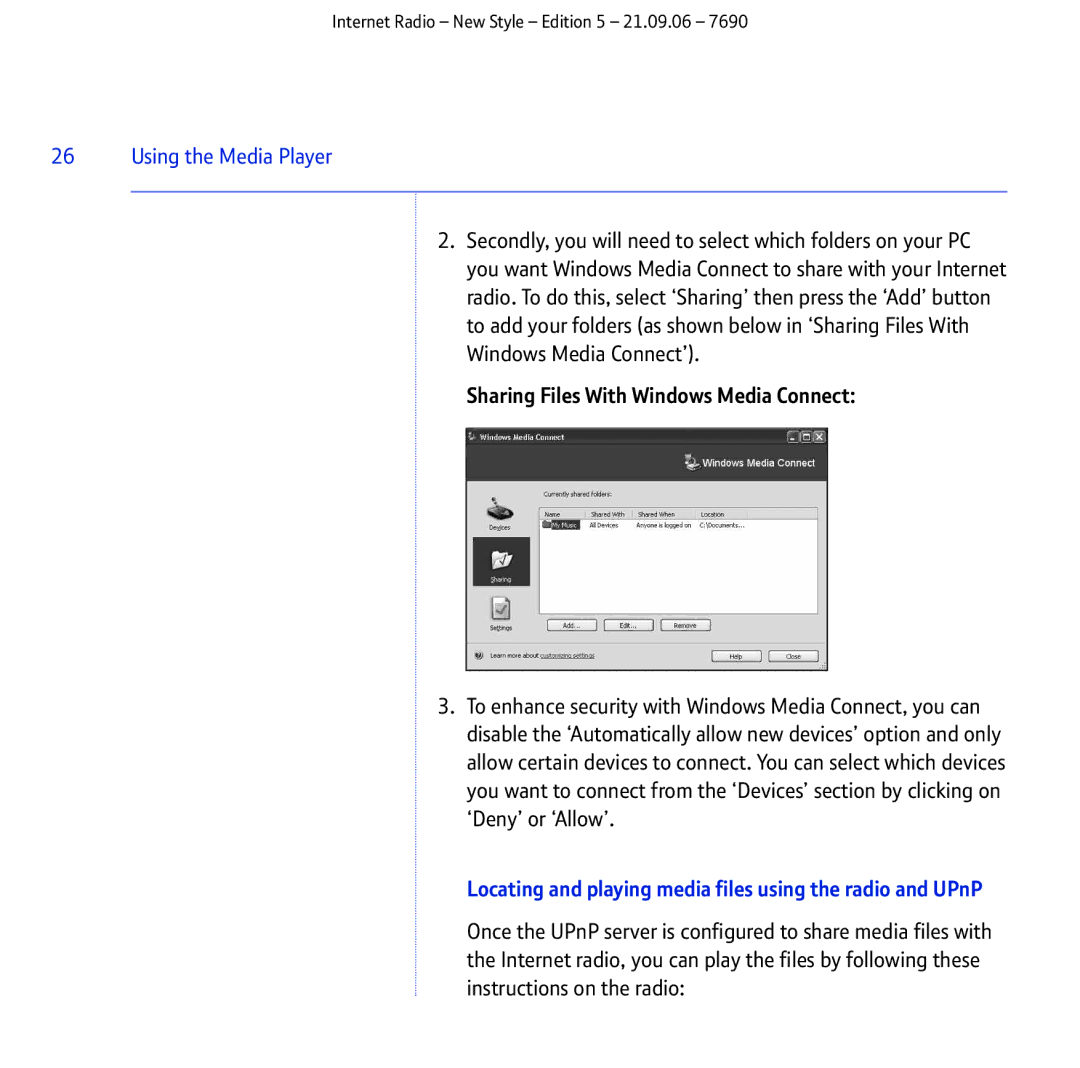 BT Internet Radio Sharing Files With Windows Media Connect, Locating and playing media files using the radio and UPnP 