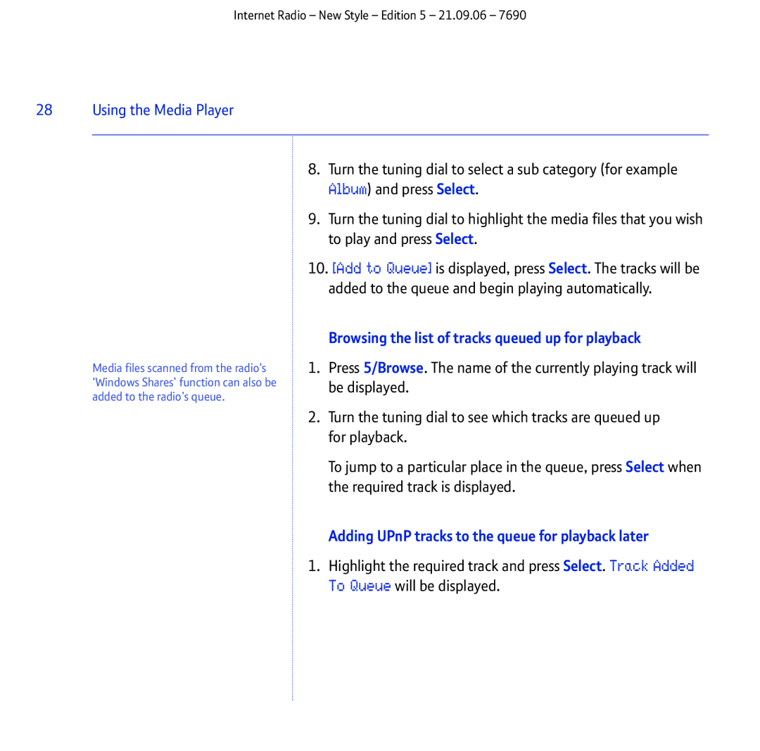 BT Internet Radio Browsing the list of tracks queued up for playback, Adding UPnP tracks to the queue for playback later 
