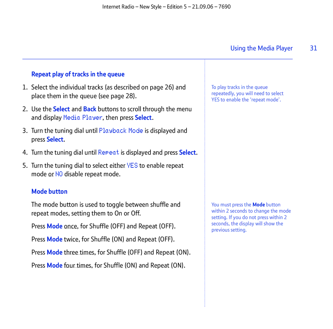 BT Internet Radio manual Repeat play of tracks in the queue, Mode button 