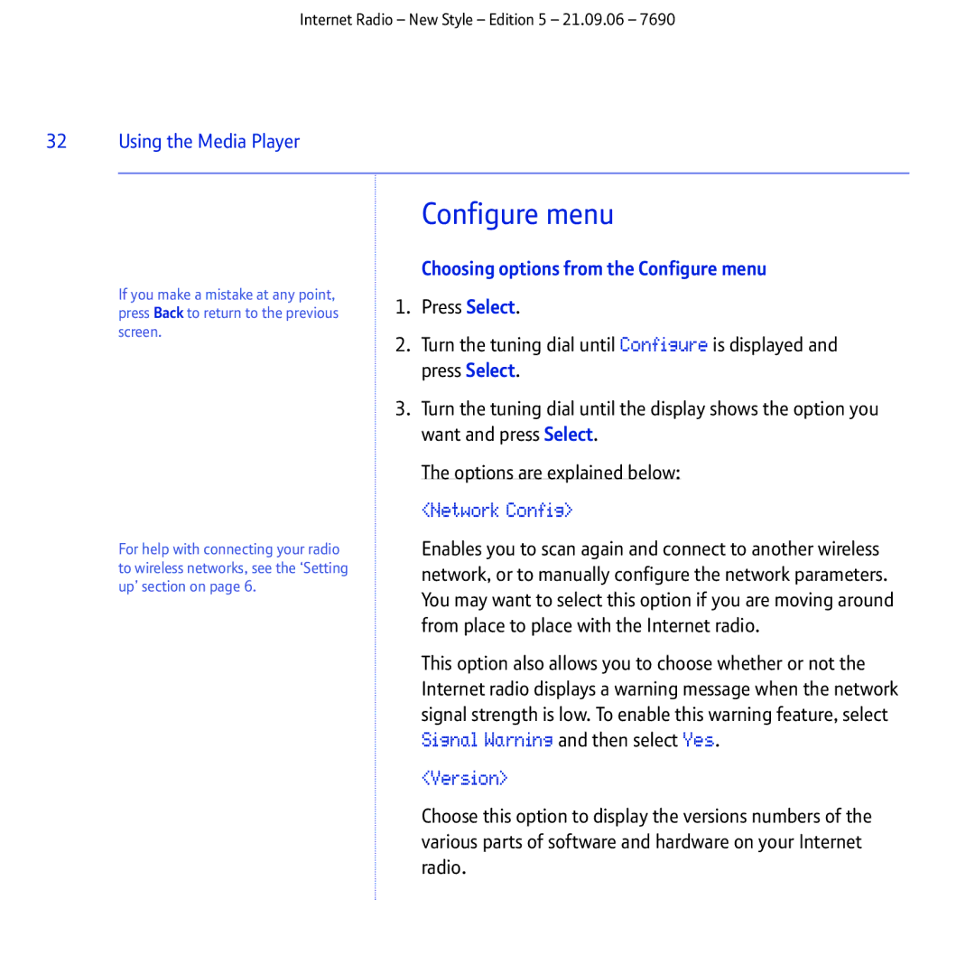 BT Internet Radio manual Choosing options from the Configure menu 