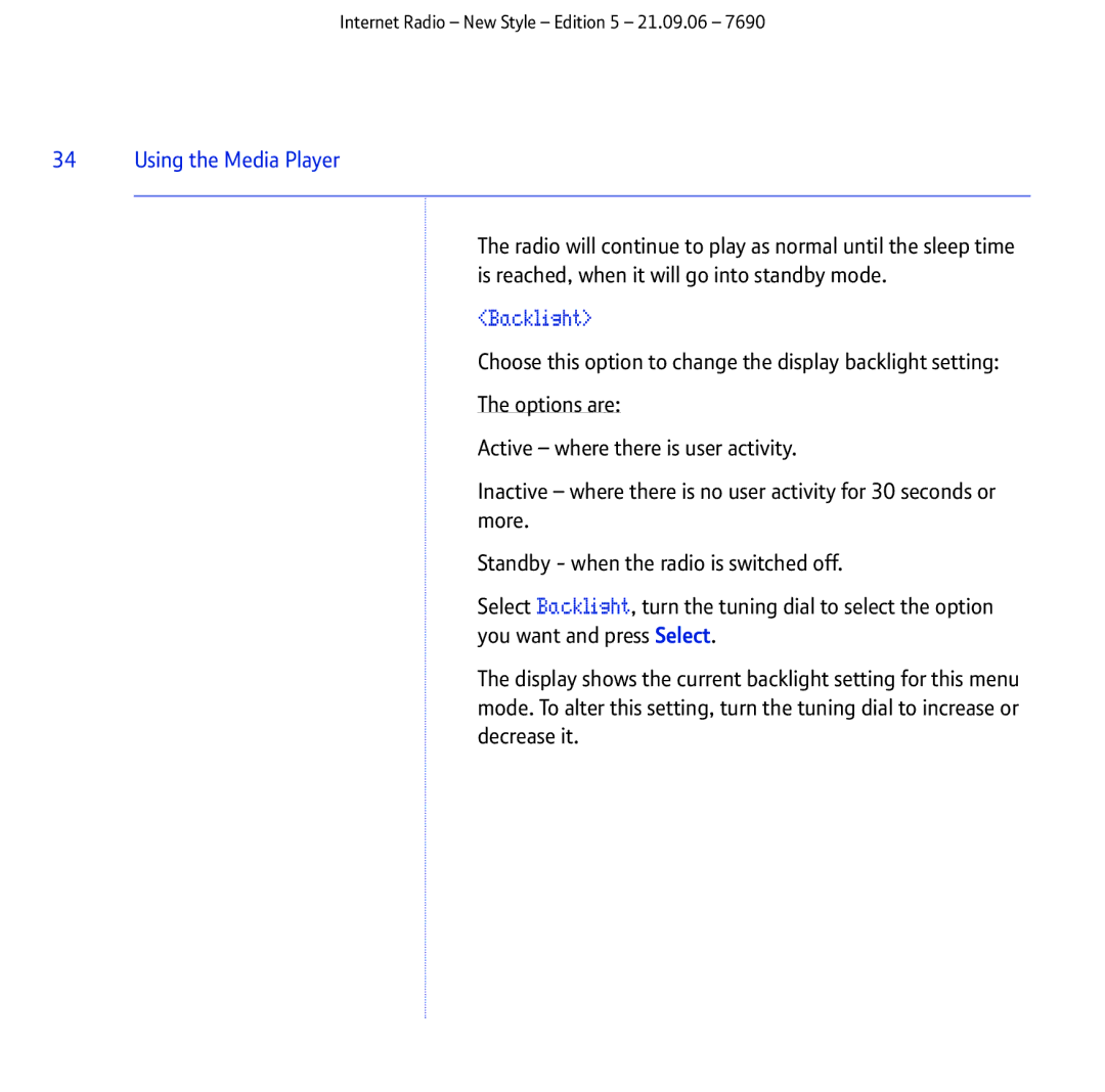 BT Internet Radio manual Backlight 