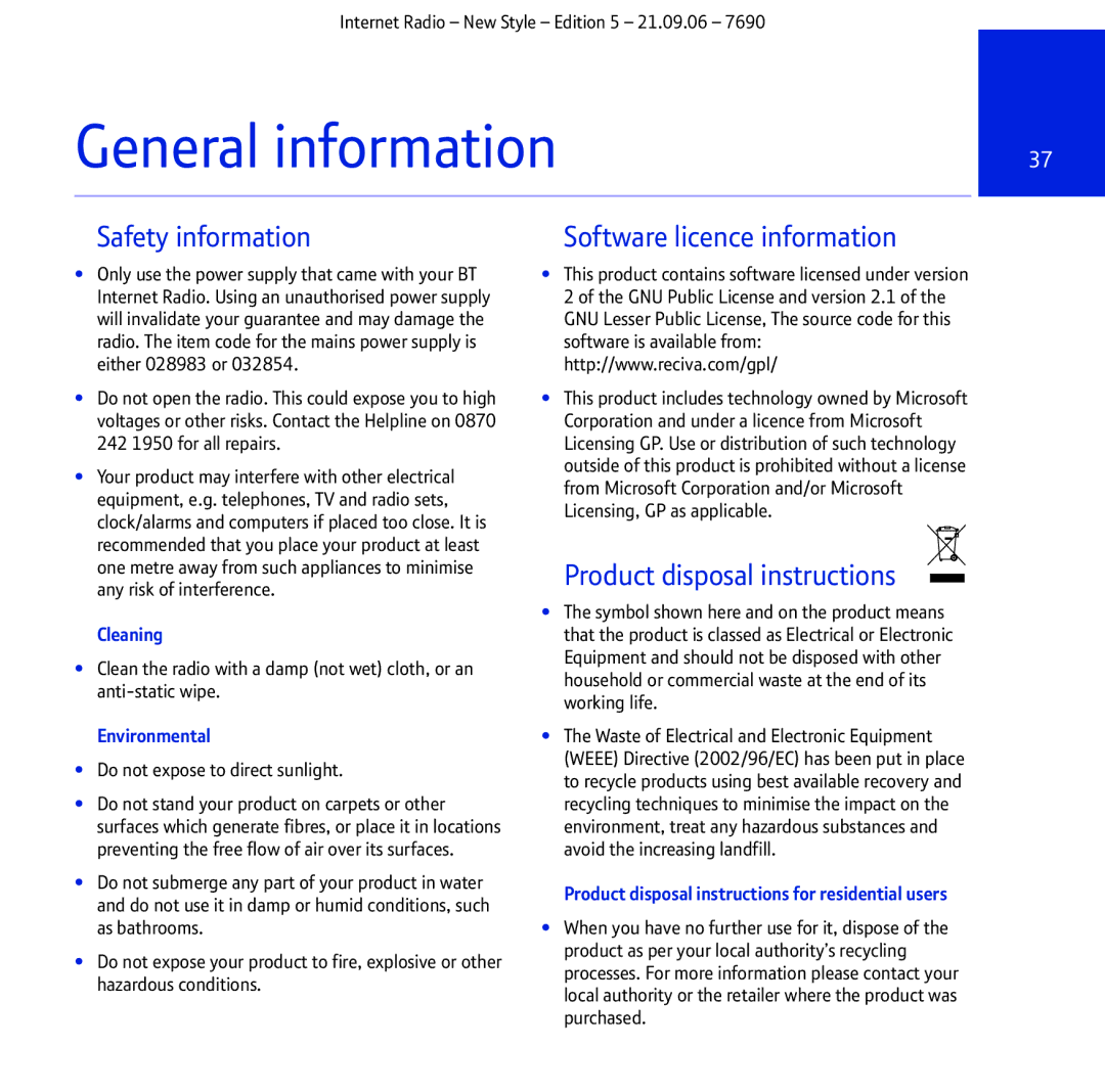 BT Internet Radio manual General information, Safety information 