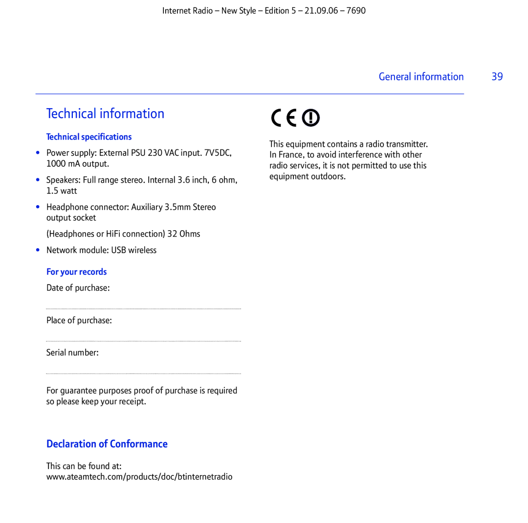 BT Internet Radio manual Technical information, Declaration of Conformance 