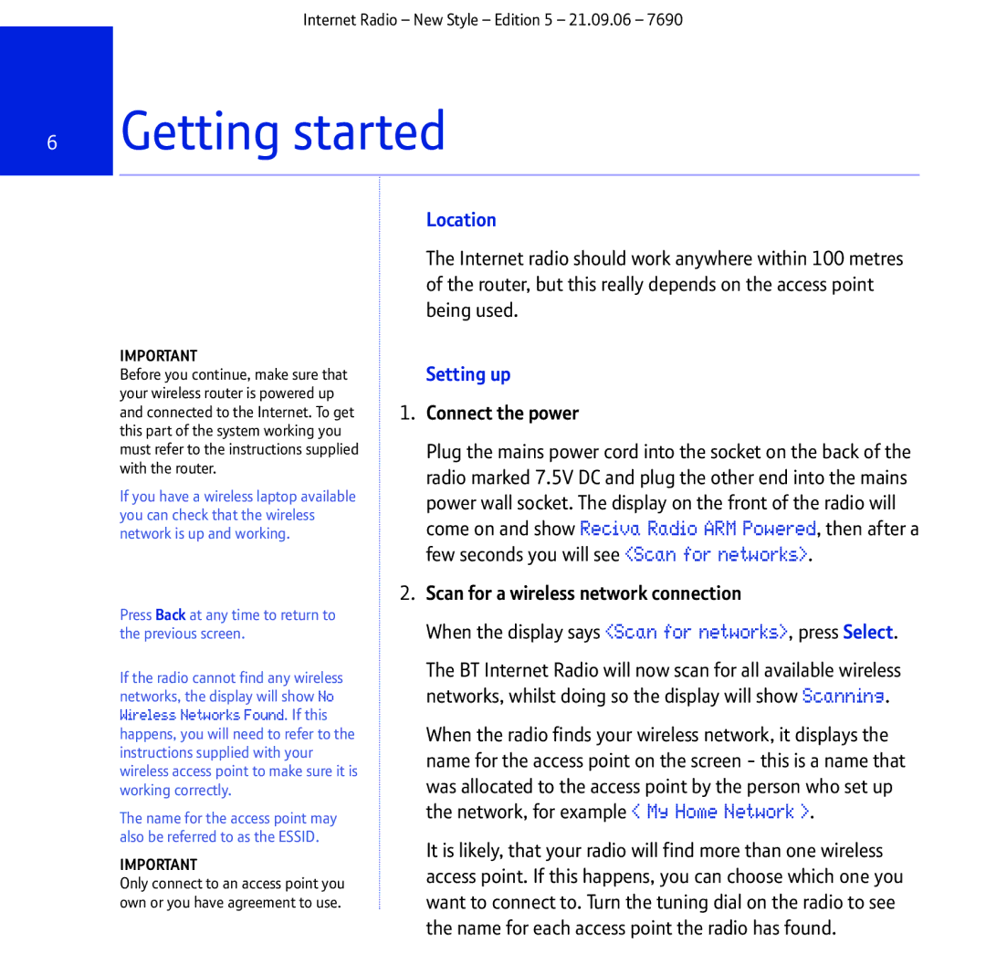 BT Internet Radio manual Getting started, Location, Setting up 