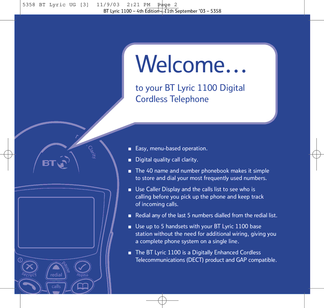 BT LYRIC 1100, LYRIC 1100 TWIN manual Welcome…, To your BT Lyric 1100 Digital Cordless Telephone 