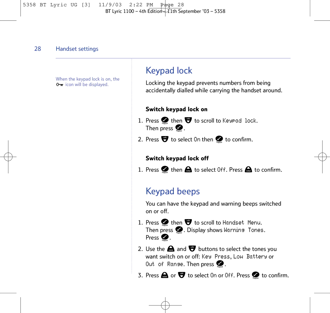 BT BT Lyric 1100, LYRIC 1100, LYRIC 1100 TWIN manual Keypad lock, Keypad beeps 