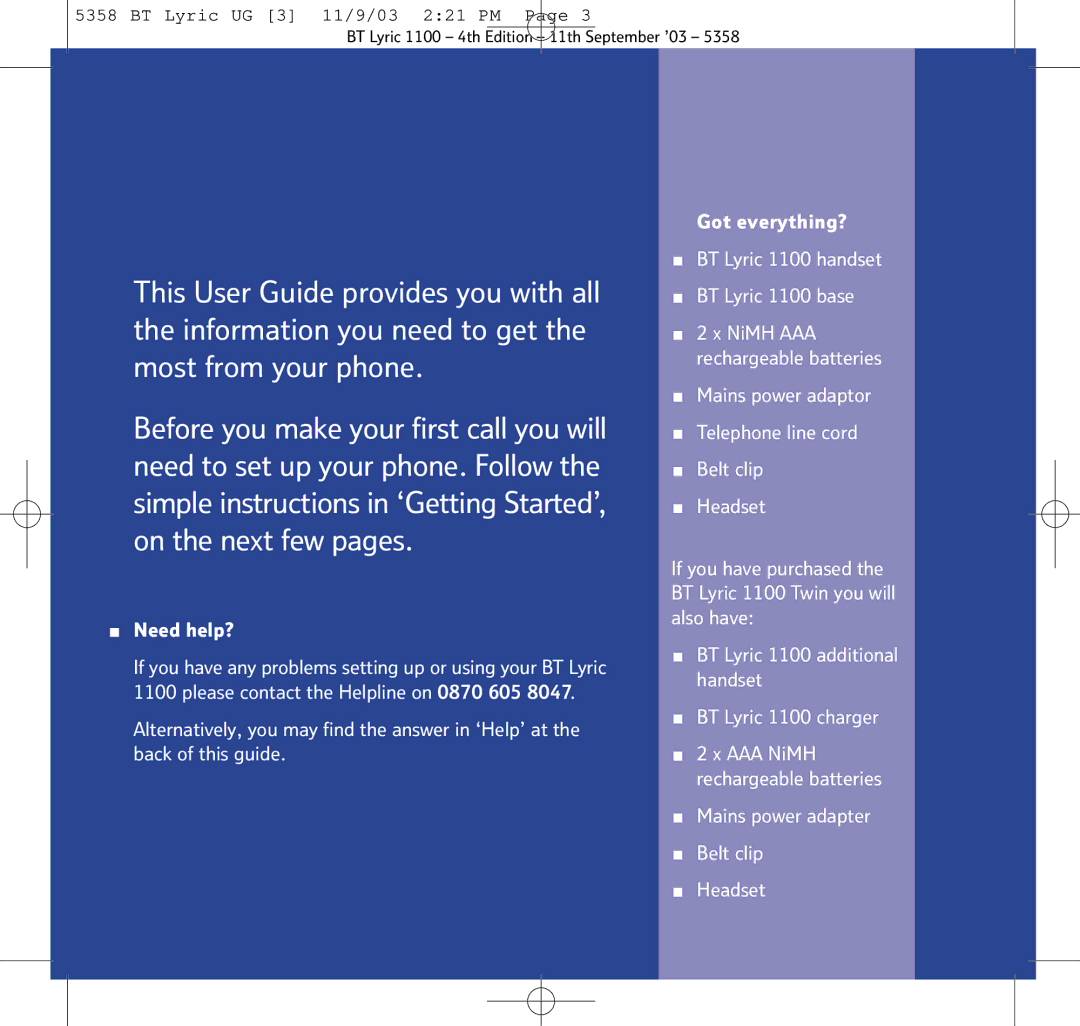 BT LYRIC 1100, LYRIC 1100 TWIN, BT Lyric 1100 manual Mains power adapter Belt clip Headset 