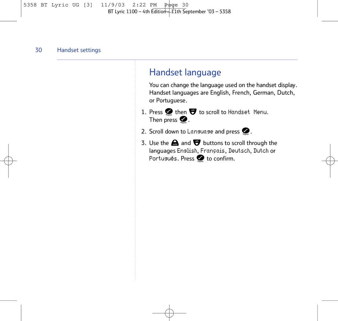 BT BT Lyric 1100, LYRIC 1100, LYRIC 1100 TWIN manual Handset language, Português. Press to confirm 