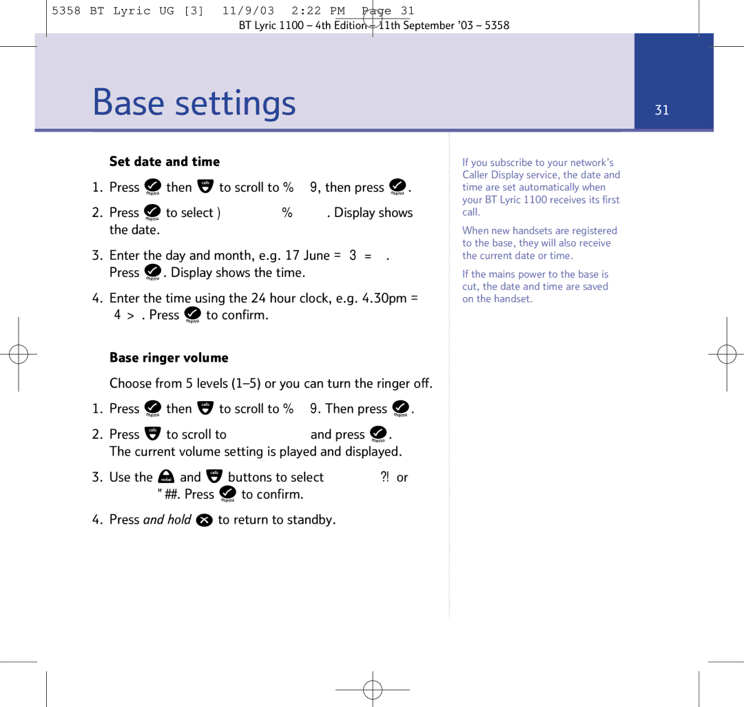 BT LYRIC 1100, LYRIC 1100 TWIN, BT Lyric 1100 manual Base settings 