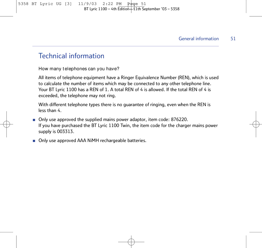 BT LYRIC 1100, LYRIC 1100 TWIN, BT Lyric 1100 manual Technical information 