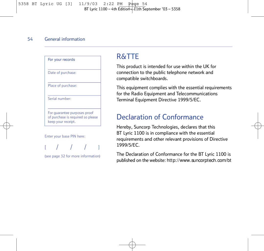 BT BT Lyric 1100, LYRIC 1100, LYRIC 1100 TWIN manual Declaration of Conformance 