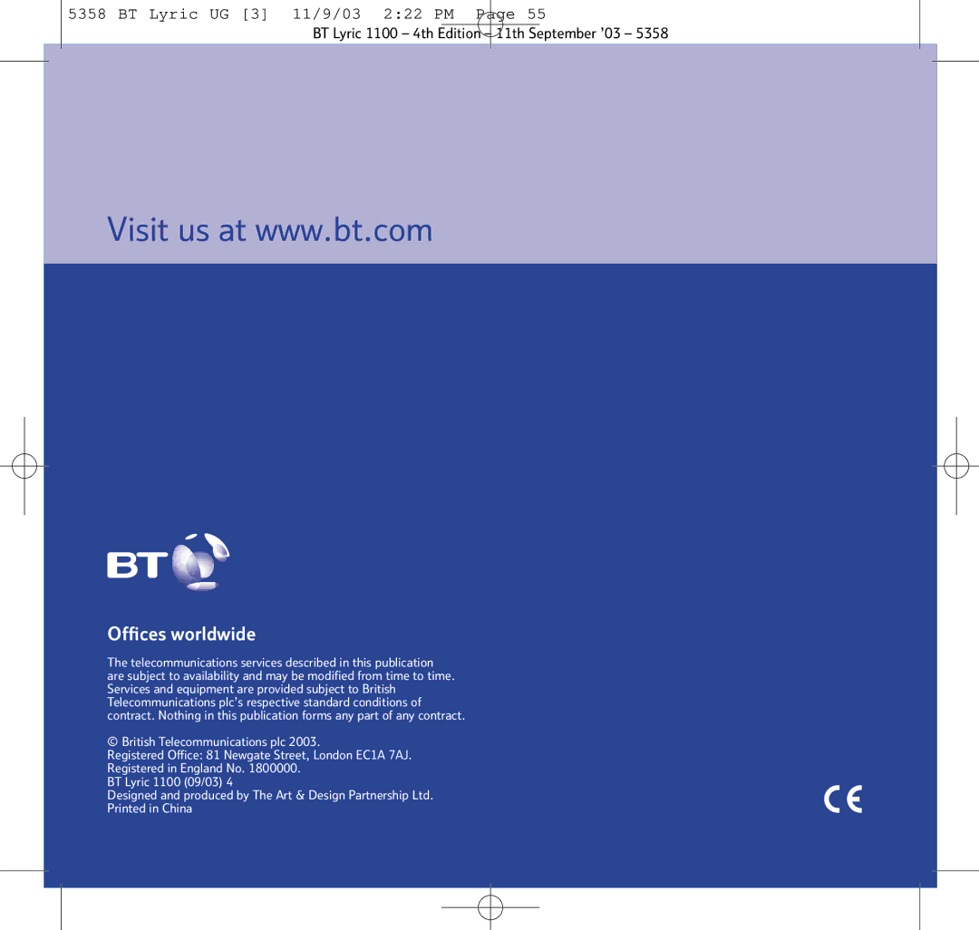 BT LYRIC 1100, LYRIC 1100 TWIN, BT Lyric 1100 manual Ofﬁces worldwide 