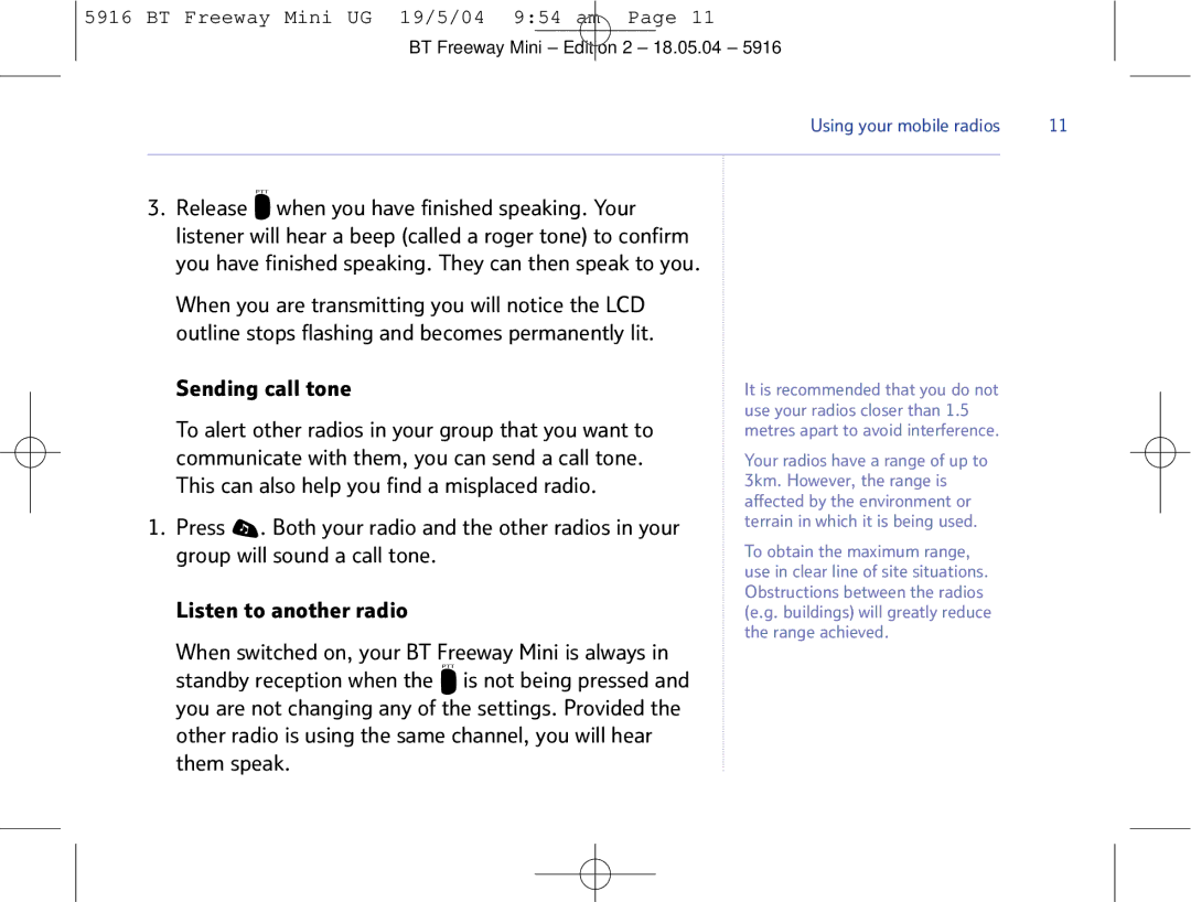 BT Mobile Radio manual Sending call tone 