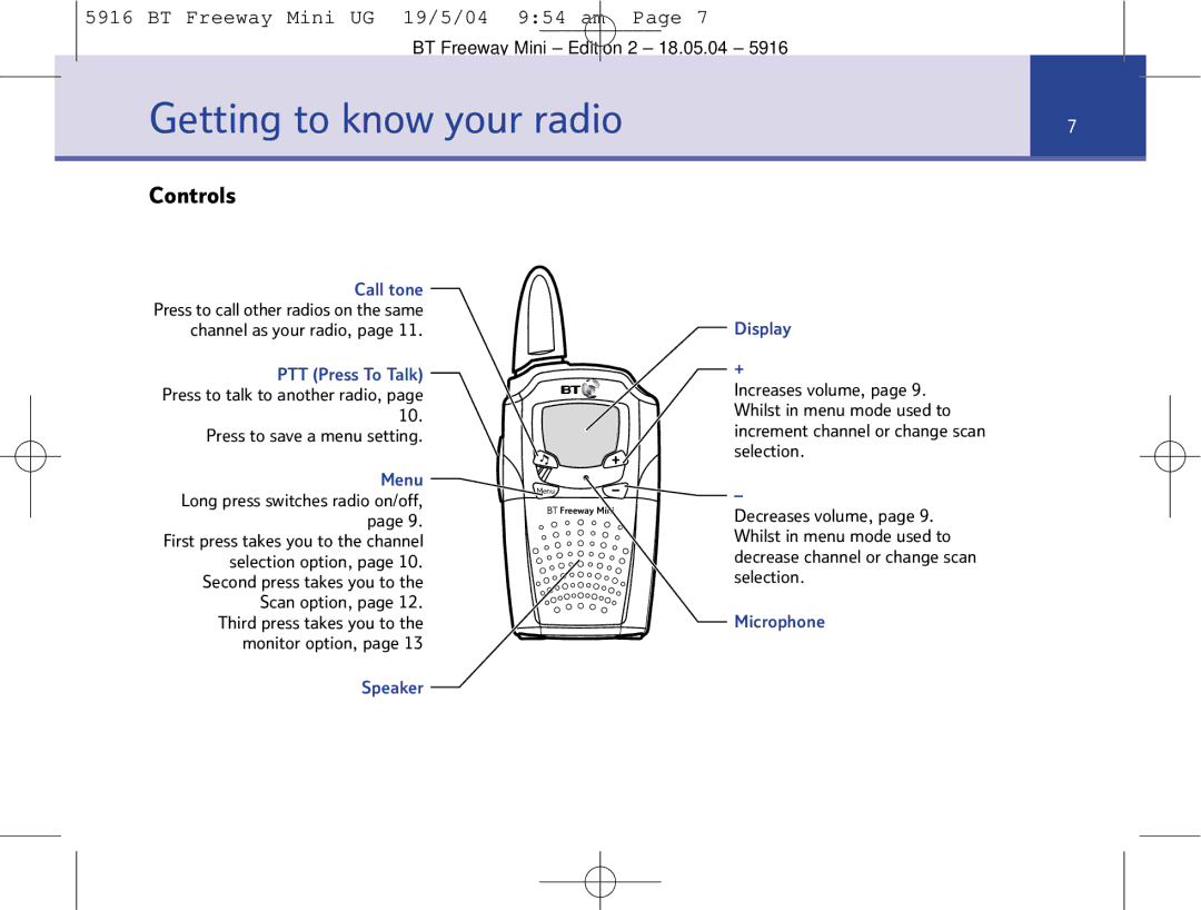 BT Mobile Radio manual Getting to know your radio, Controls 