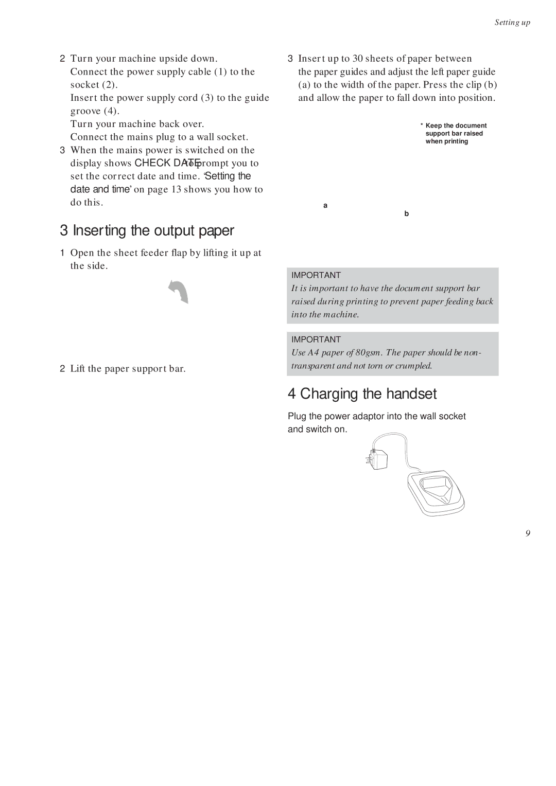 BT On-Air DECTf@x Plus F@x machine and digital telephone system manual Inserting the output paper, Charging the handset 