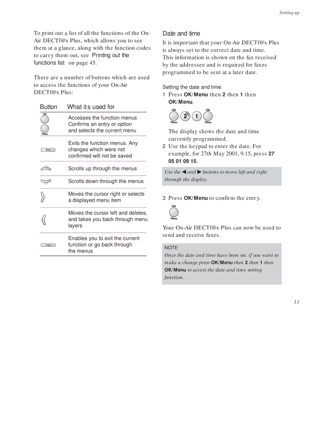 BT On-Air DECTf@x Plus F@x machine and digital telephone system manual Button What itÕs used for, Date and time 