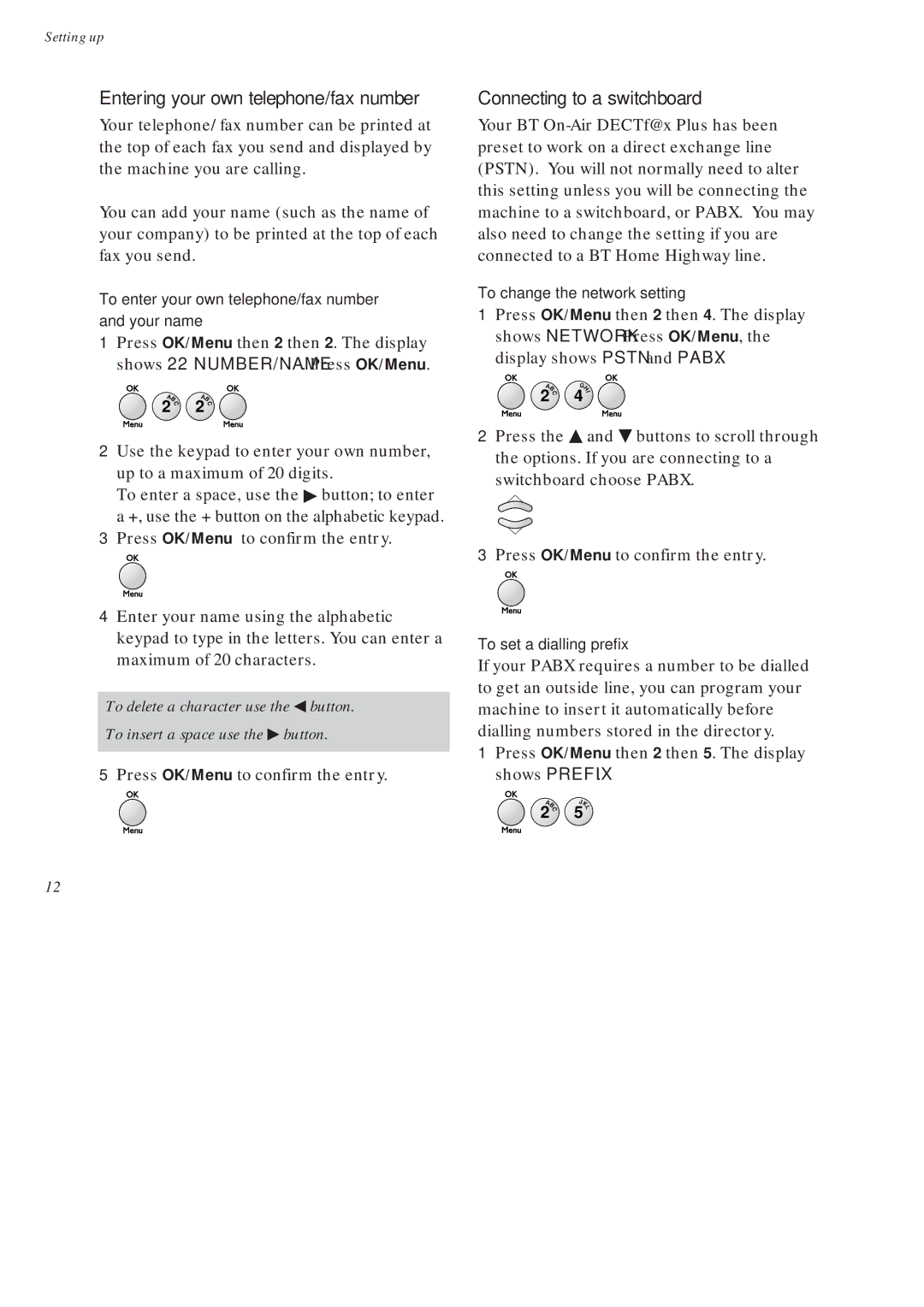 BT On-Air DECTf@x Plus F@x machine and digital telephone system manual Entering your own telephone/fax number 