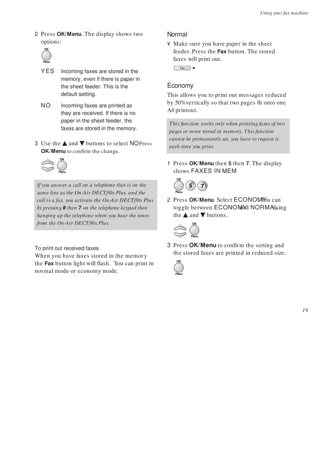 BT On-Air DECTf@x Plus F@x machine and digital telephone system manual Normal, Economy 