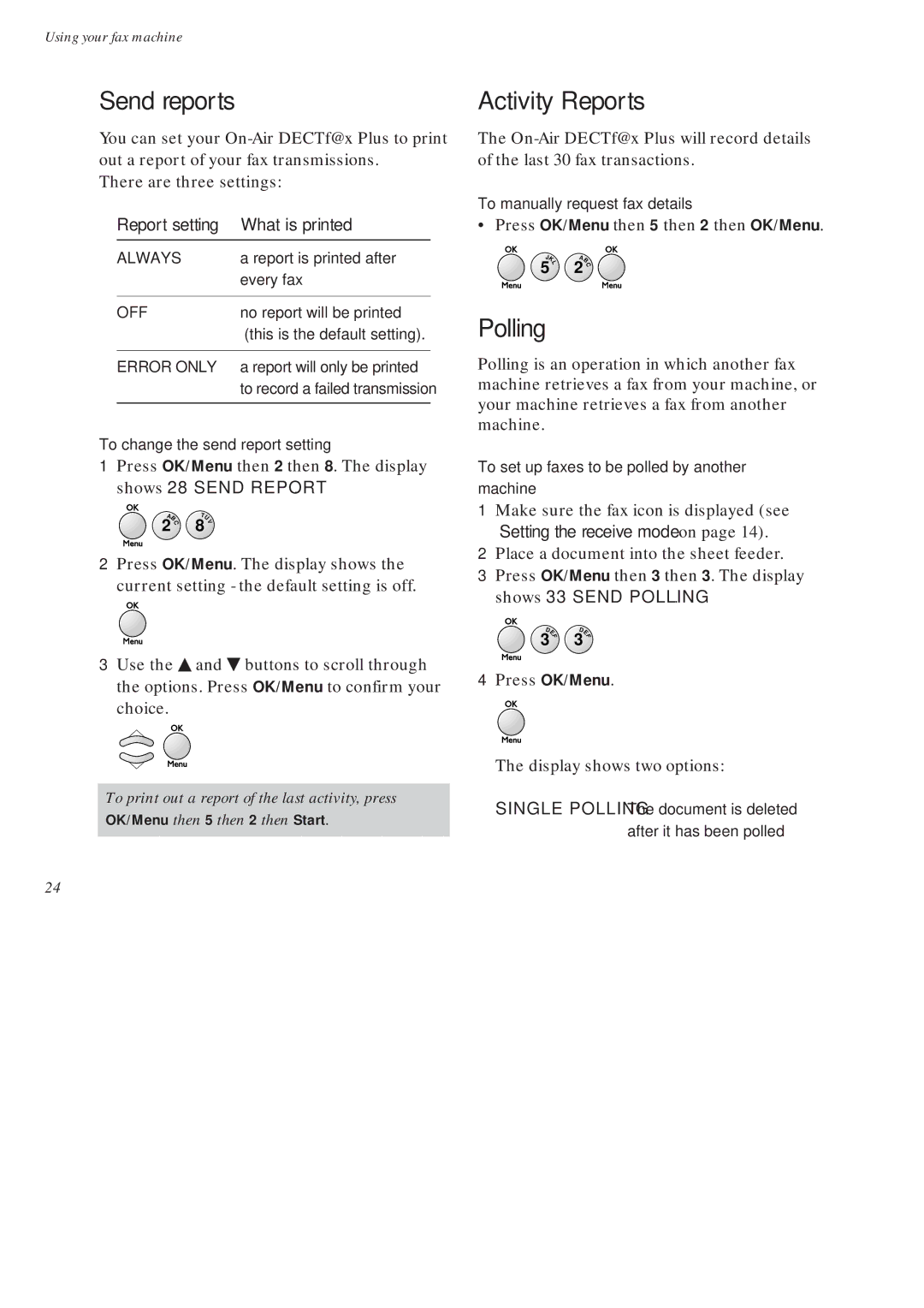 BT On-Air DECTf@x Plus F@x machine and digital telephone system manual Send reports, Activity Reports, Polling 