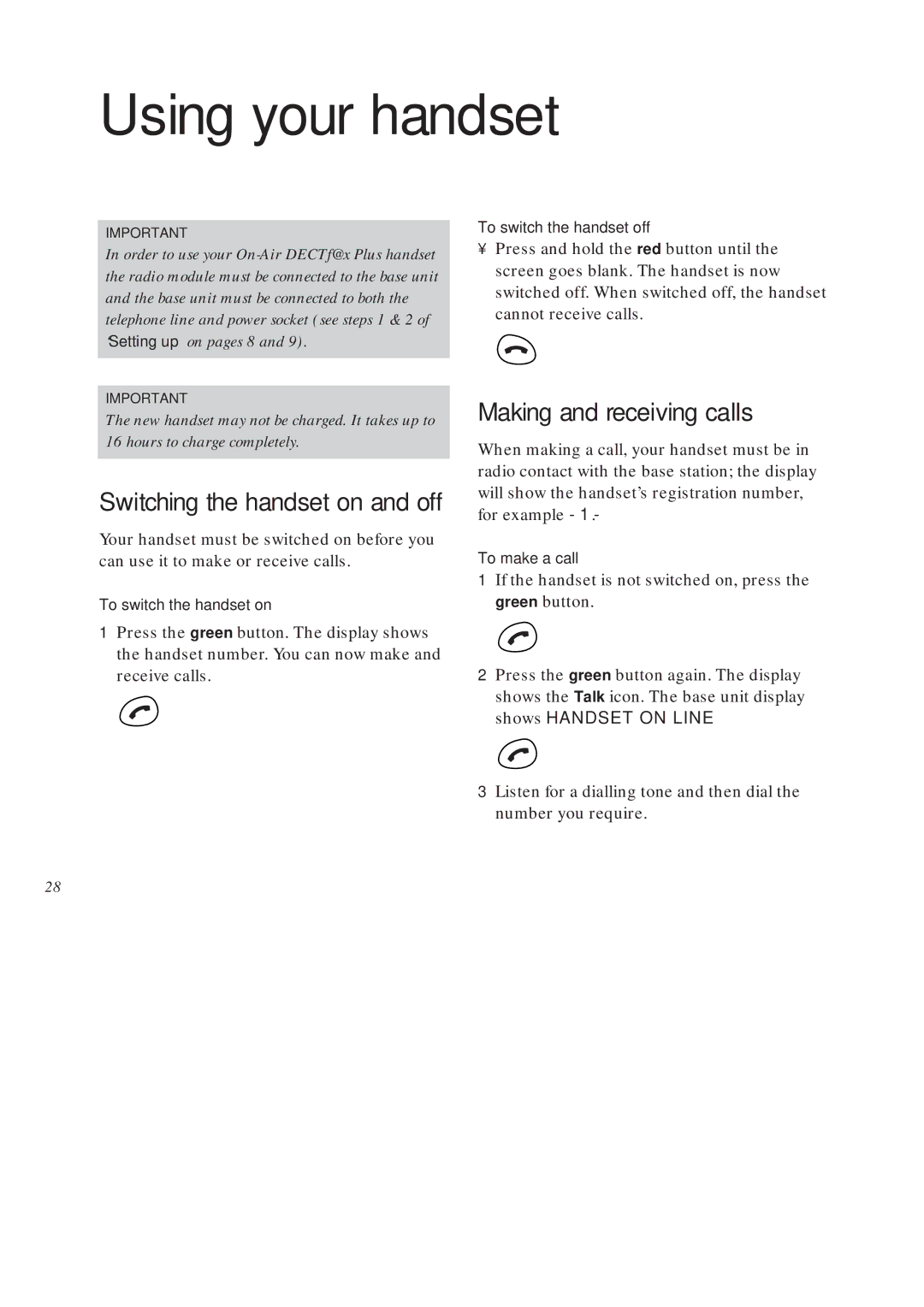 BT On-Air DECTf@x Plus F@x machine and digital telephone system manual Using your handset, Switching the handset on and off 