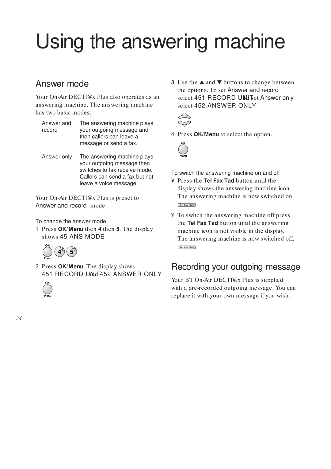 BT On-Air DECTf@x Plus F@x machine and digital telephone system manual Using the answering machine, Answer mode 