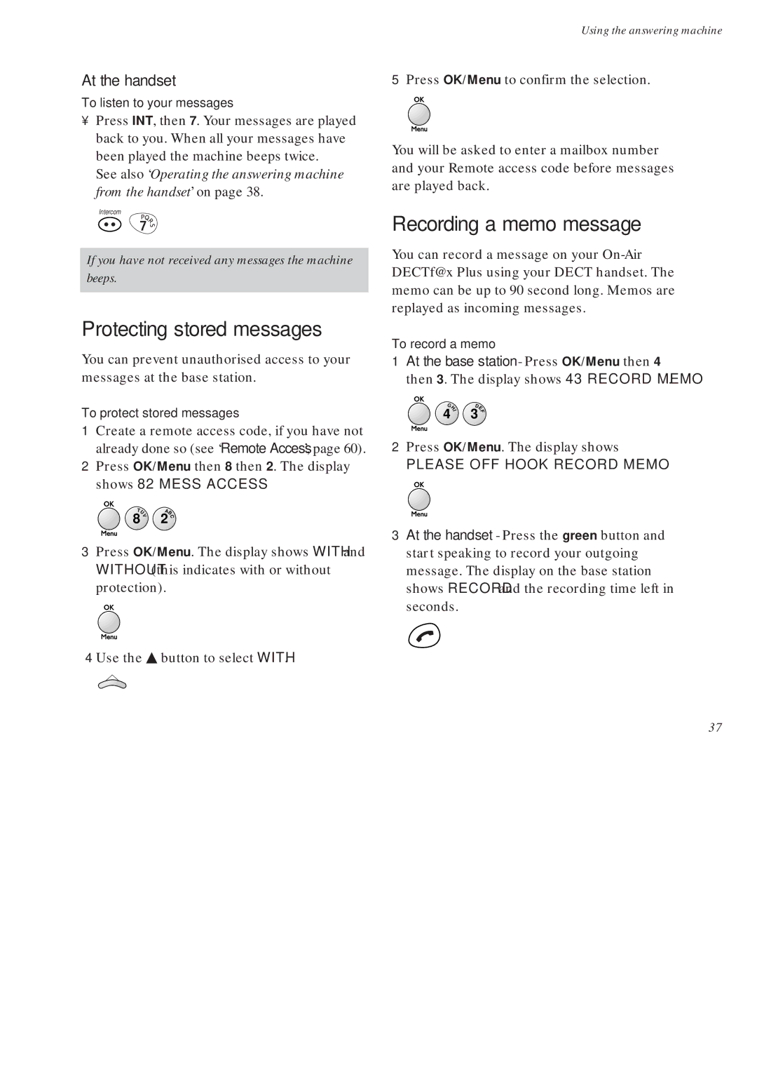 BT On-Air DECTf@x Plus F@x machine and digital telephone system manual Protecting stored messages, Recording a memo message 