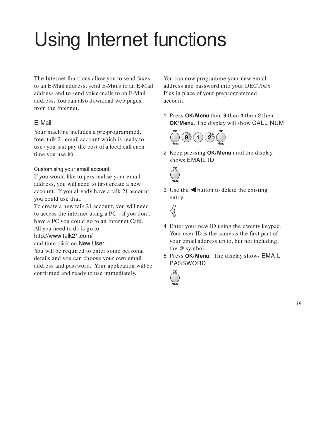 BT On-Air DECTf@x Plus F@x machine and digital telephone system manual Using Internet functions, Mail, Password 