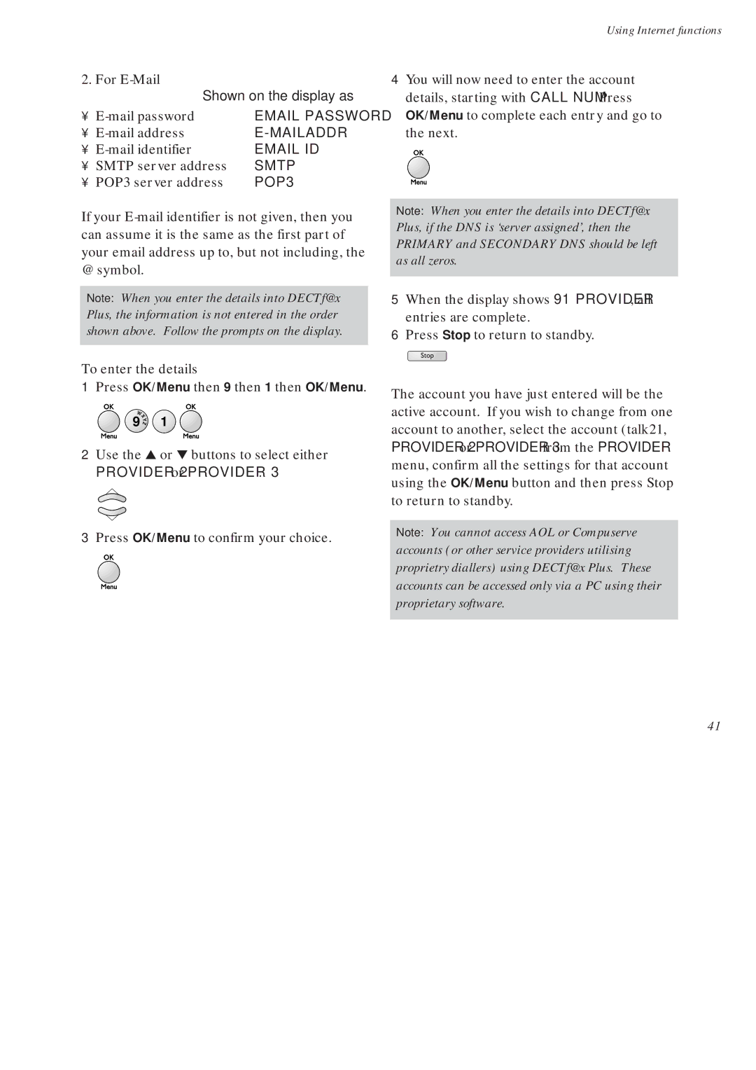 BT On-Air DECTf@x Plus F@x machine and digital telephone system manual Mailaddr, Email ID, Smtp, POP3 