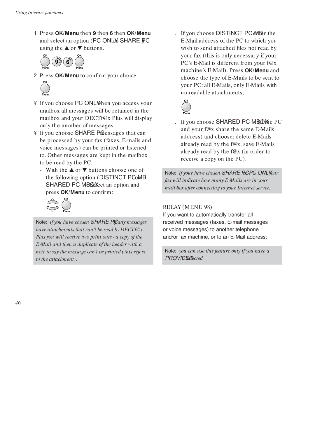 BT On-Air DECTf@x Plus F@x machine and digital telephone system manual Relay Menu 