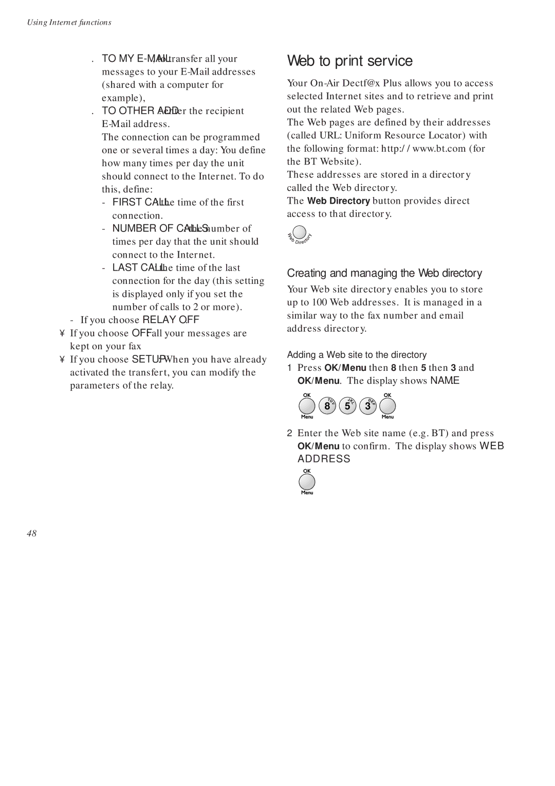 BT On-Air DECTf@x Plus F@x machine and digital telephone system manual Web to print service, Address 