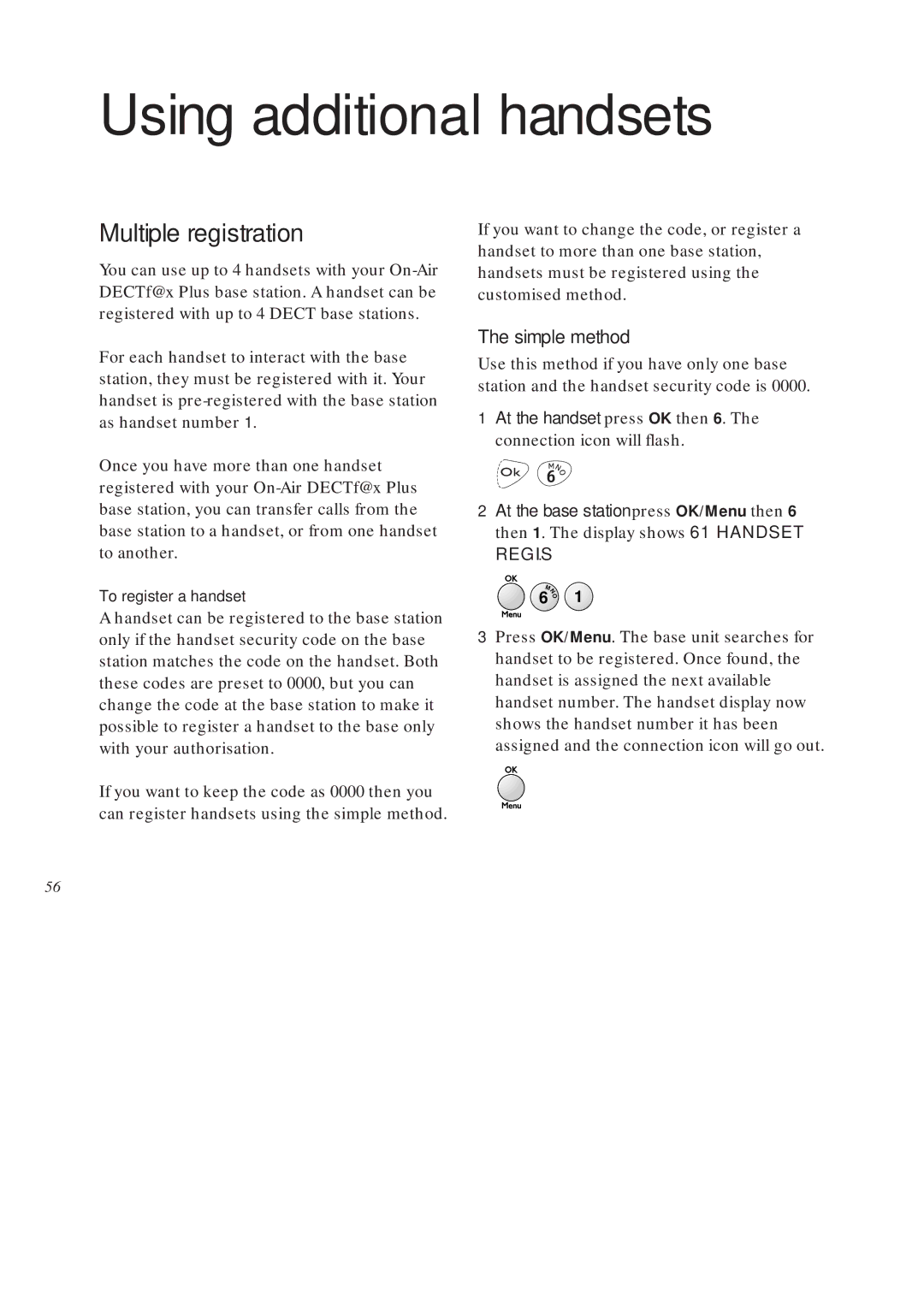 BT On-Air DECTf@x Plus F@x machine and digital telephone system manual Using additional handsets, Multiple registration 