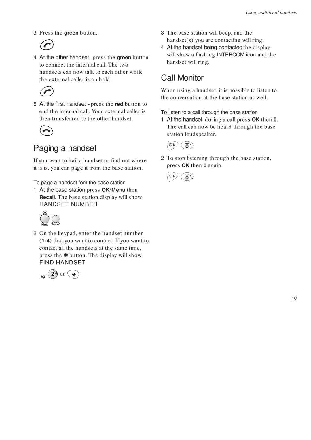 BT On-Air DECTf@x Plus F@x machine and digital telephone system manual Call Monitor, Paging a handset, Handset Number 