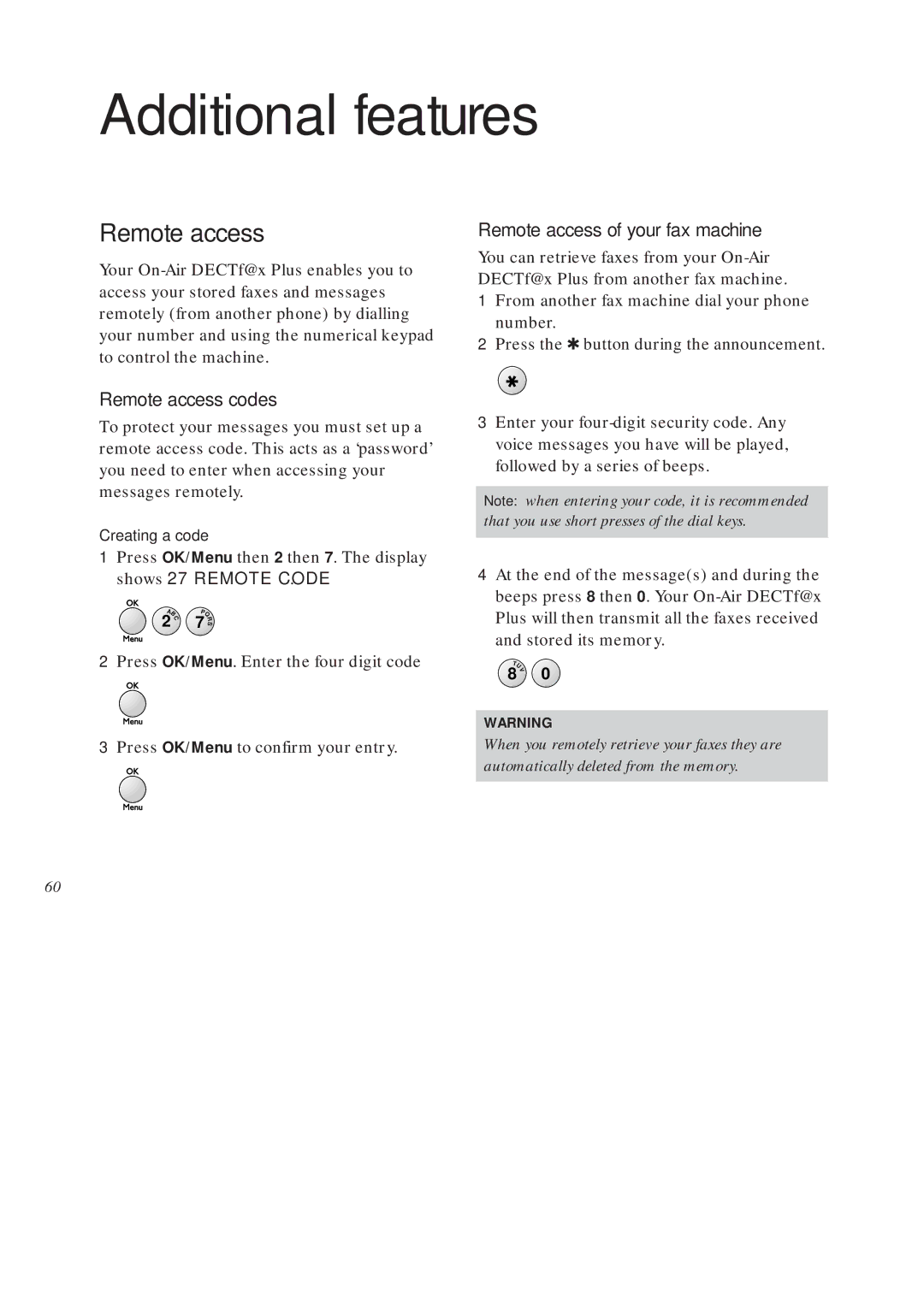 BT On-Air DECTf@x Plus F@x machine and digital telephone system manual Additional features, Remote access codes 