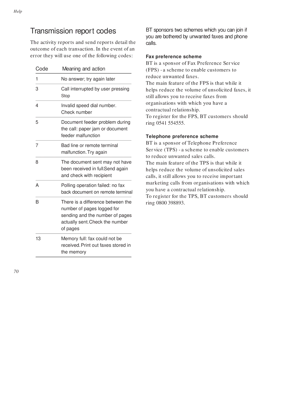 BT On-Air DECTf@x Plus F@x machine and digital telephone system manual Transmission report codes, Code Meaning and action 