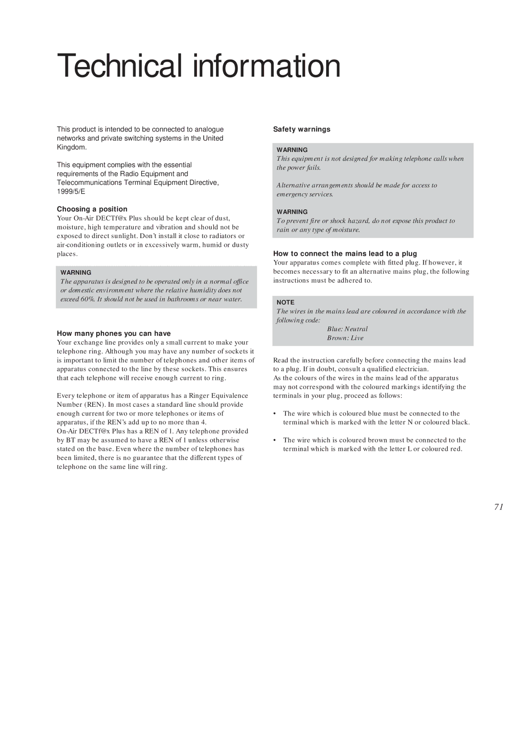 BT On-Air DECTf@x Plus F@x machine and digital telephone system manual Technical information, Choosing a position 