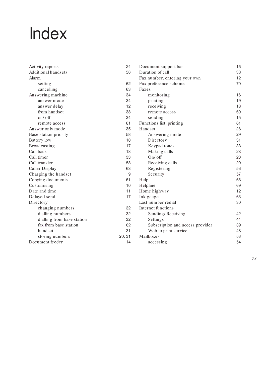 BT On-Air DECTf@x Plus F@x machine and digital telephone system manual Index 