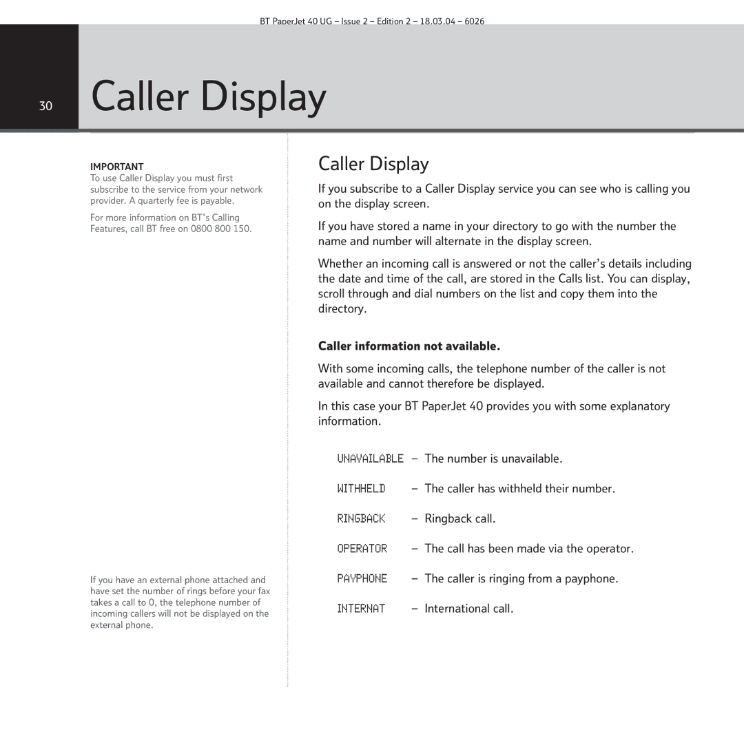 BT PaperJet 40 manual Caller Display 