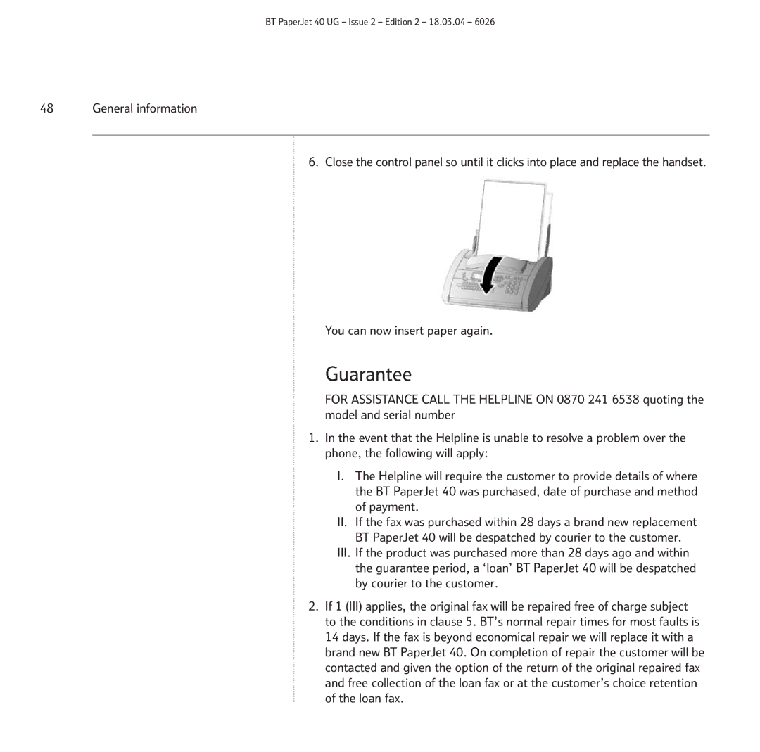 BT PaperJet 40 manual Guarantee, Loan fax 