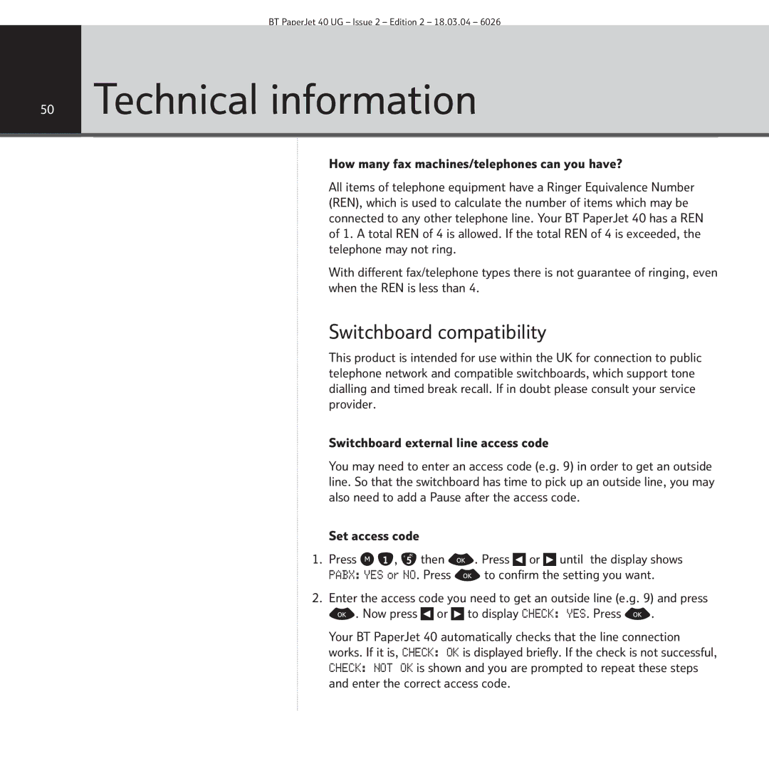 BT PaperJet 40 manual Technical information, Switchboard compatibility, Set access code 