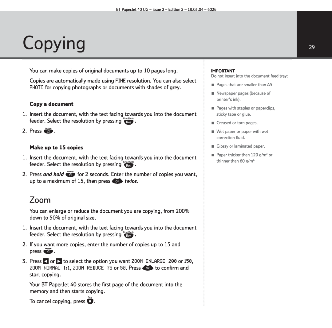 BT PaperJet 40 manual Copying29, Zoom 