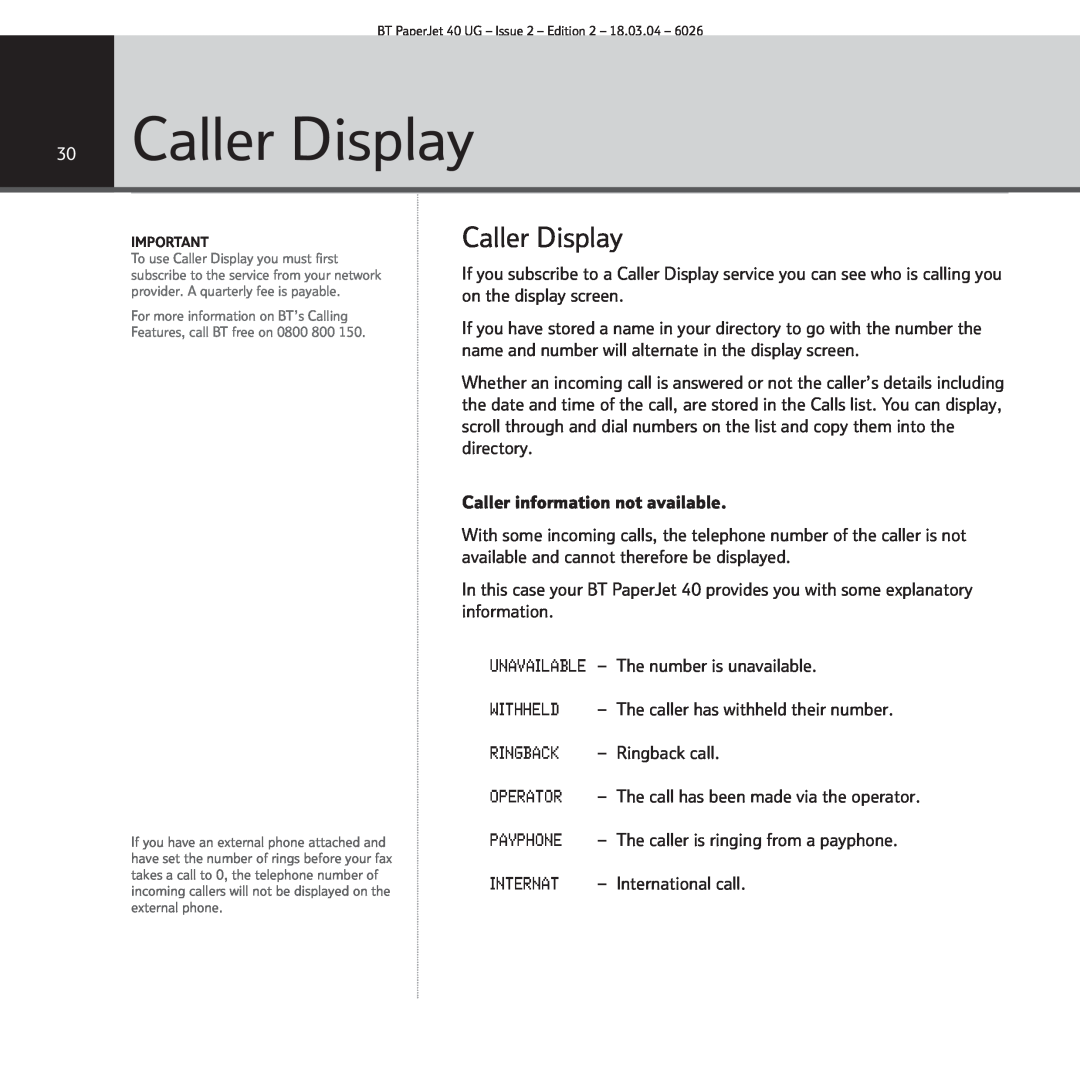 BT PaperJet 40 manual Caller Display 