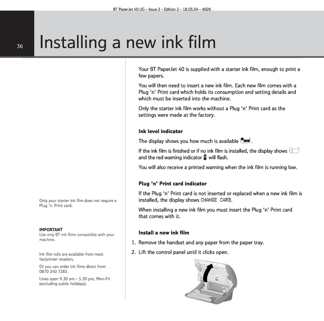 BT PaperJet 40 manual Installing a new ink film 